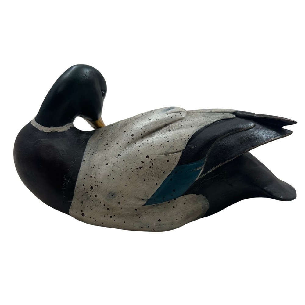 Vintage Style Mallard Duck Figurine Preening Hand Painted Rustic Lodge Decor 10"